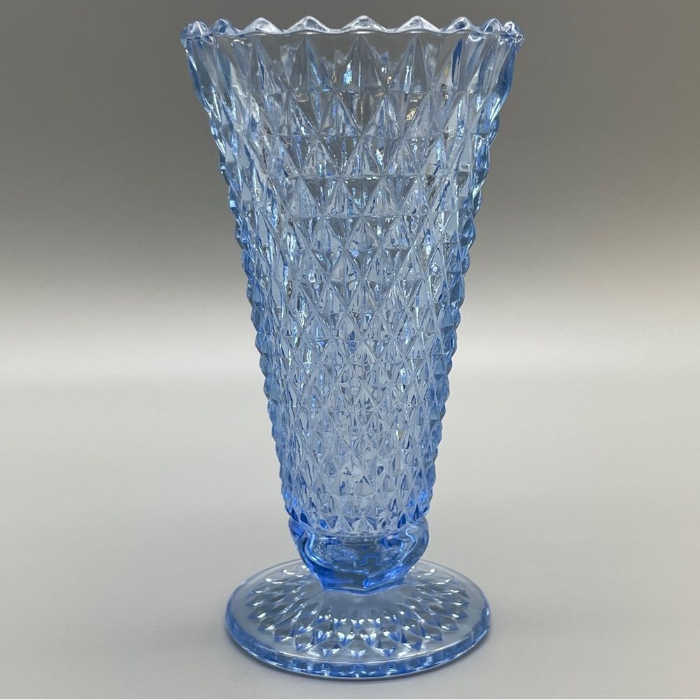 Vintage Indiana Glass Diamond Point Blue 1960’s Vase 8" footed vase